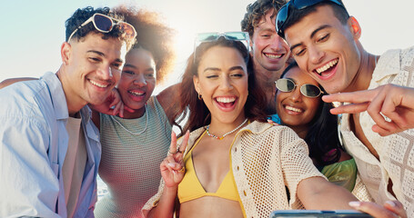 Girl, selfie and friends in summer with peace sign, excited and reunion on vacation with post on...