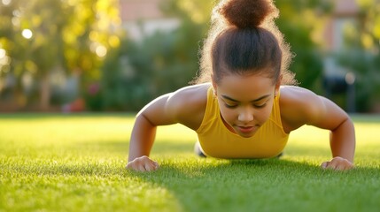 Woman exercising with push-ups in nature