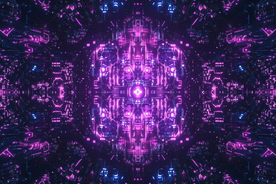 An abstract digital technology pattern with neon circuitry and intricate glowing nodes in purple hues.
