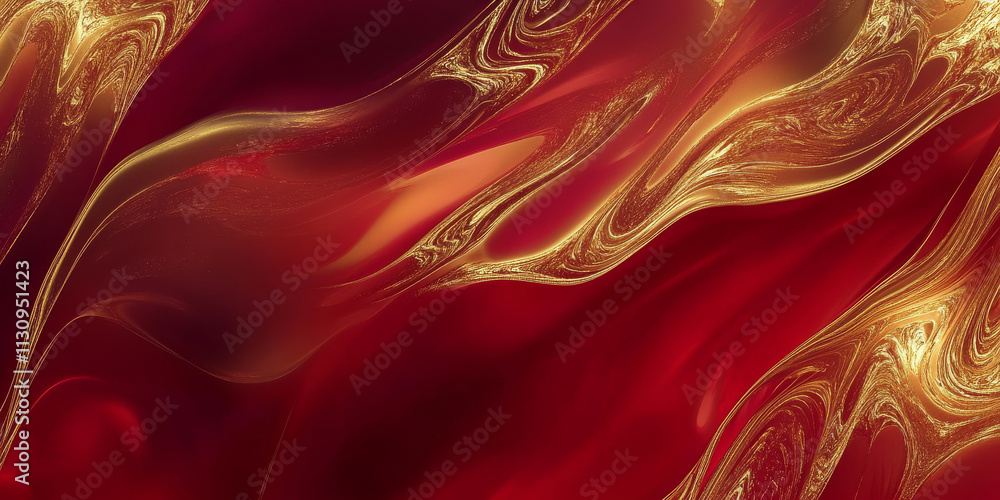 Poster warm ruby red and soft gold abstract design with intricate flowing shapes and shimmering gradients. 