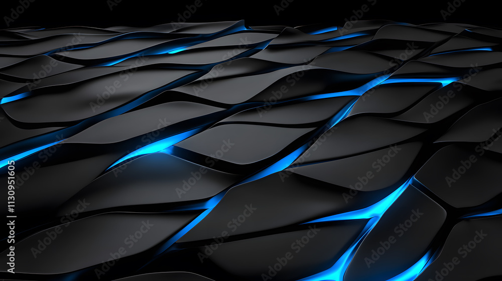 Poster dynamic black and blue wave patterns abstract art digital design futuristic environment close-up vie