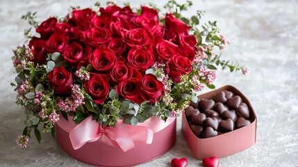 Romantic Heart-Shaped Arrangement with Roses,Chocolate,and Gift Box in Minimalist Pink Setup