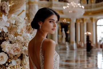 Naklejka premium A bride confidently displays her beautiful backless dress in an ornate, luxurious space, symbolizing modern bridal elegance with high-end sophistication and charm.