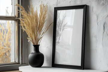 side angle view of a white 50x50 cm simple photo frame on a shelf, gothic room