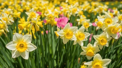 Fototapeta premium Field of vibrant yellow daffodil flowers under the sunny sky, spring, outdoors