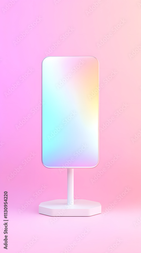 Poster colorful reflection of a modern mirror displayed on a minimalist stand in a brightly colored studio 