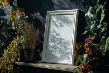 side angle view of a white 50x50 cm simple photo frame on a shelf, gothic room