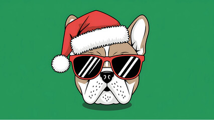 Merry Christmas concept holiday vacation winter funny animal pet greeting card - Cool french bulldog dog with sunglasses and santa claus hat, isolated on green background