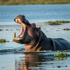 hippo is sitting in the water opening his mouth