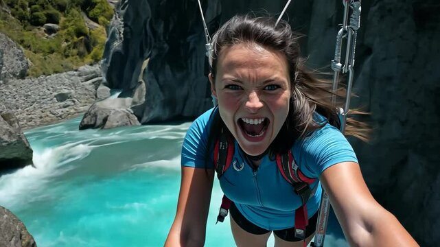 Exciting bungee jump experience over turquoise river canyon in stunning landscape