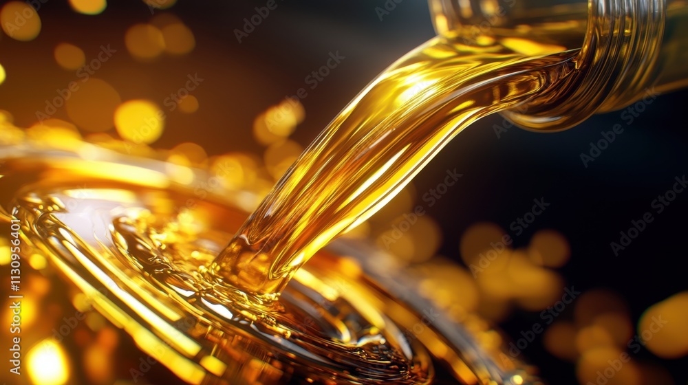 Poster golden liquid flowing from bottle creating sparkling bokeh effect in dark background, capturing eleg