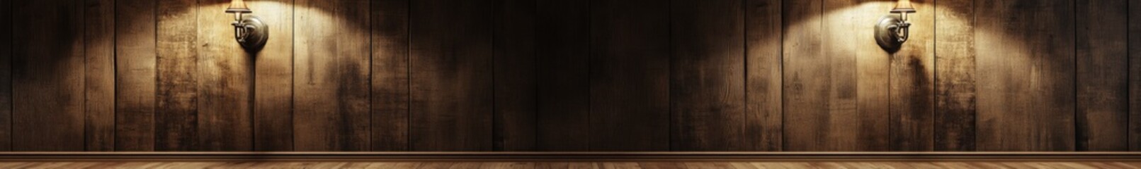 Obraz premium Rustic wooden interior with wall lights and warm ambiance