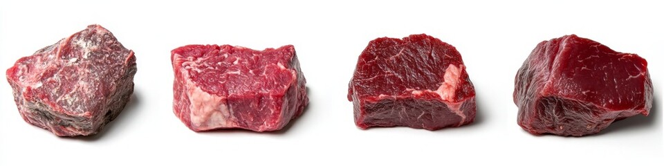 Fototapeta premium Four pieces of raw beef in a row showing different sizes, shapes and natural beauty on white background.