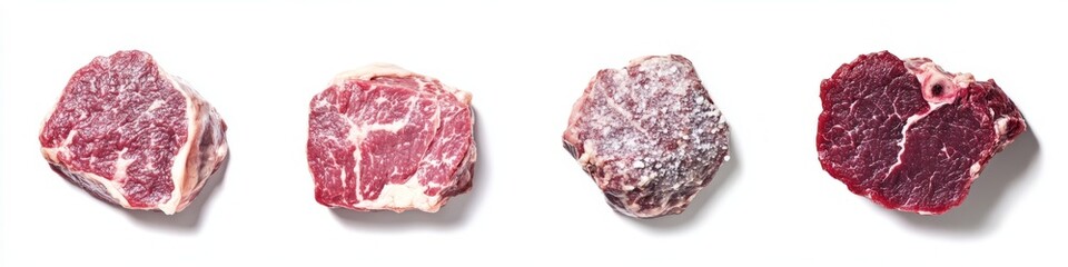 Obraz premium Four pieces of raw beef in a row showing different sizes, shapes and natural beauty on white background.