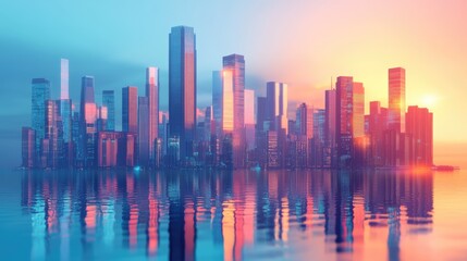 Obraz premium Picture of modern skyscrapers of a smart city, futuristic financial district with buildings and reflections , blue color background for corporate and business template with warm sun rays of light