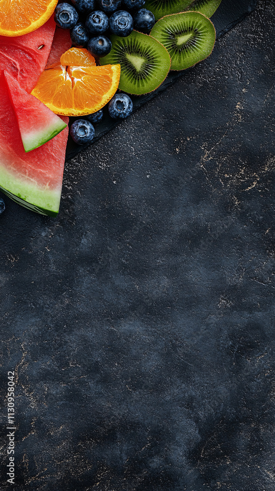 Poster fresh slices of watermelon, orange, and kiwi along with vibrant blueberries arranged on a dark textu