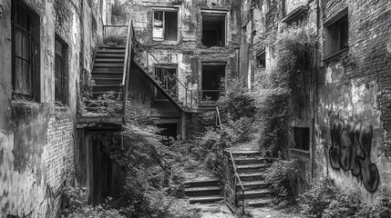 Naklejka premium Overgrown Ruins: A Monochromatic Exploration of Abandoned Building's Decaying Grandeur