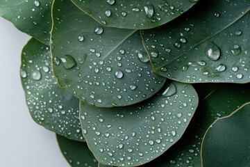 Obraz premium An artistic close-up of overlapping green eucalyptus leaves decorated with droplets, giving a fresh and vibrant feel while enhancing their intricate textures.