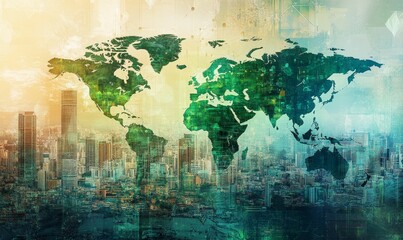 Obraz premium Global cityscape, textured world map overlay.