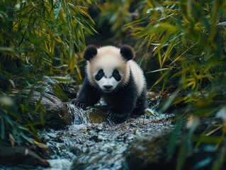 Fototapeta premium Adorable Baby Panda Exploring a Stream in a Bamboo Forest