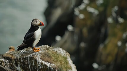 Fototapeta premium Colorful Puffin perched on rocky cliff near ocean shore