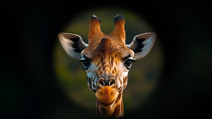 Fototapeta premium Close-up of a curious giraffe gazing through a dark circular frame, showcasing its large eyes and unique pattern.