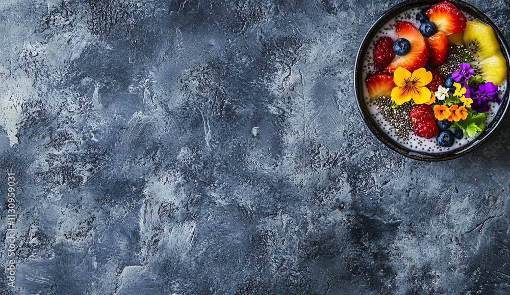 Poster colorful fruits and flowers arranged in a bowl on a textured dark background, creating a vibrant and