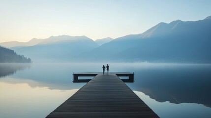 Romantic couple walking on wooden pier at serene mountain lake