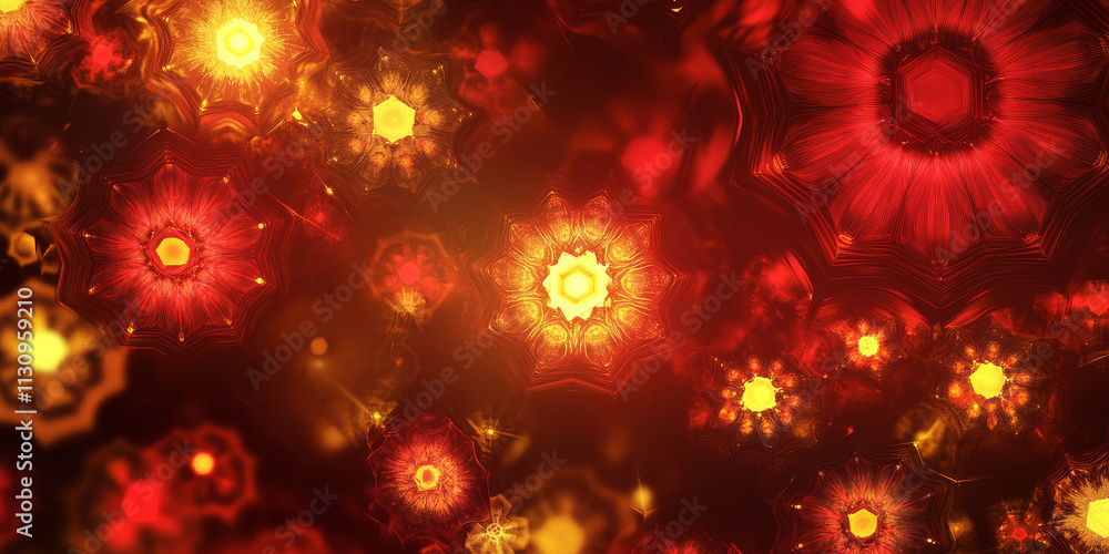 Poster bold abstract background with large glowing hexagonal patterns in red and yellow hues. the lights be