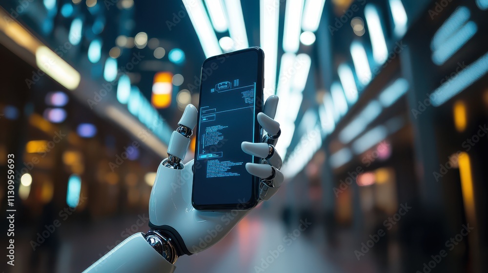 Aufkleber futuristic robotic hand holding smartphone displaying user interface in modern urban environment wit