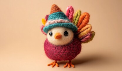 Naklejka premium Cute hand-crafted turkey with hat and feathers of felt wool yarn on beige background.