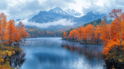 Obraz premium Autumn Landscape with Colorful Foliage and Majestic Mountains