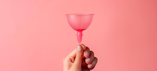 An alternative modern eco means of protection against menstrual blood. Female hand holds menstrual cup on pink background. 