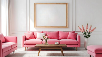 Obraz premium Pink sofa with wooden table and wooden frame near bright wall in living room.