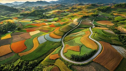 Vibrant Landscape of Colorful Fields and Winding Country Road