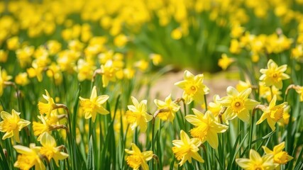 Obraz premium Lush field of bright yellow Daffodil flowers swaying in the breeze under a clear blue sky in a sunny day, field, growth, bloom