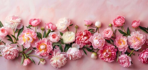 Spring background. Beautiful peony flowers against pink background, closeup and textured. Flowers romantic concept