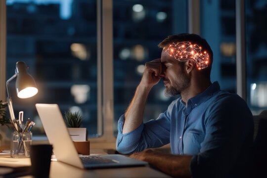 In a cozy office setting, a contemplative man exhibits thoughtfulness as digital light patterns above his head symbolize cerebral activity and human emotion amidst focus and ambiance.