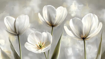 Fototapeta premium Serene White Tulips Blooming Against Abstract Gray Backdrop