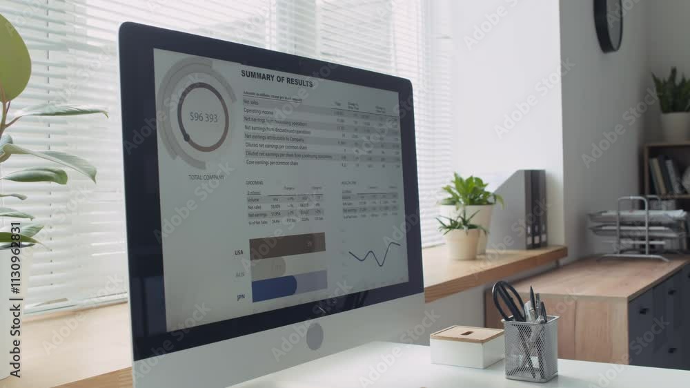Poster desktop computer screen displaying detailed business report with graphs, charts and statistics durin