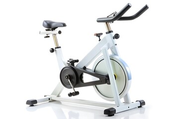White stationary exercise bike for indoor cycling, on a plain isolated on a white background 