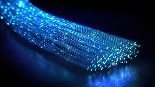 A bundle of optical fibers emitting blue light