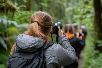 A photographer captures the beauty of nature during a group hike through a dense, verdant forest, embodying the spirit of adventure and exploration in photography.