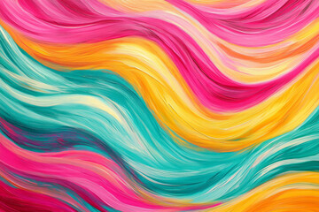 Obraz premium A vibrant abstract background showcasing cascading waves of bright pink, teal, and golden yellow in motion.