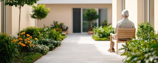 Elderly man reflects in garden courtyard peaceful setting serenity