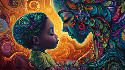 Vibrant art depicting the deep bond between a mother and child, symbolizing love, connection, and nurturing through colorful patterns. Mural. Illustration
