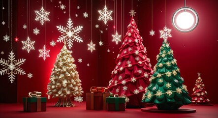 Obraz premium Deep red backgrounds layered with glowing snowflakes stars and stylized Christmas trees