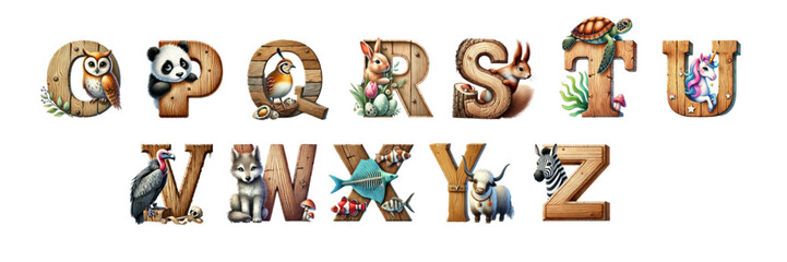 Colorful wood zoo alphabet with cute animals. Cartoon letters for children isolated vector illustration collection.