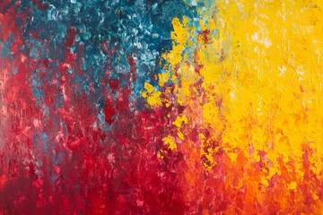 Fototapeta premium A dramatic vibrant background with bold brush strokes of fiery red, lemon yellow, and sky blue on a textured canvas.