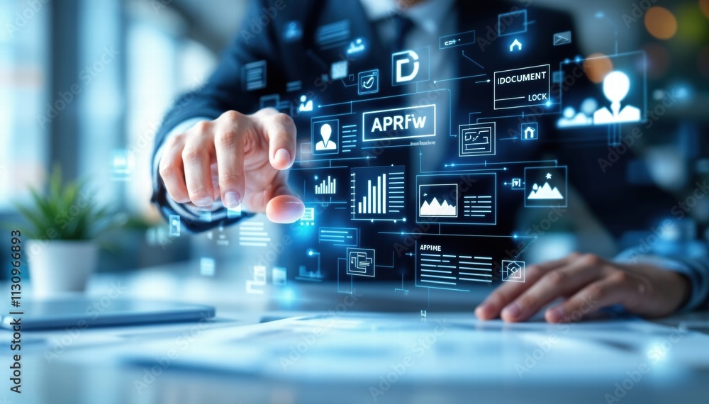 Poster a businessman engages with a futuristic digital interface showcasing various data and analytics.